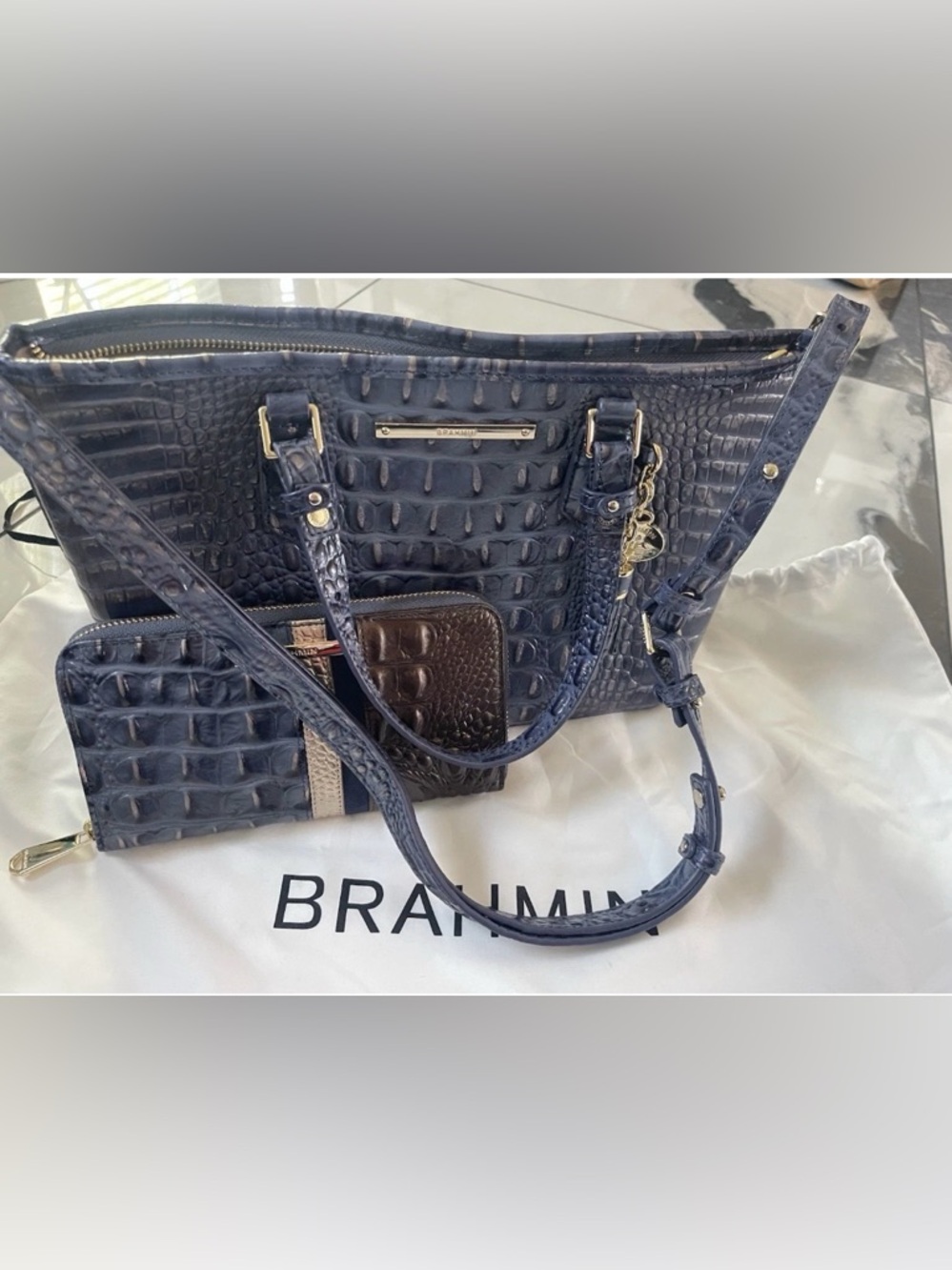 Brahmin Deep Navy Croc-Embossed Tote with Gold Accents wallet included